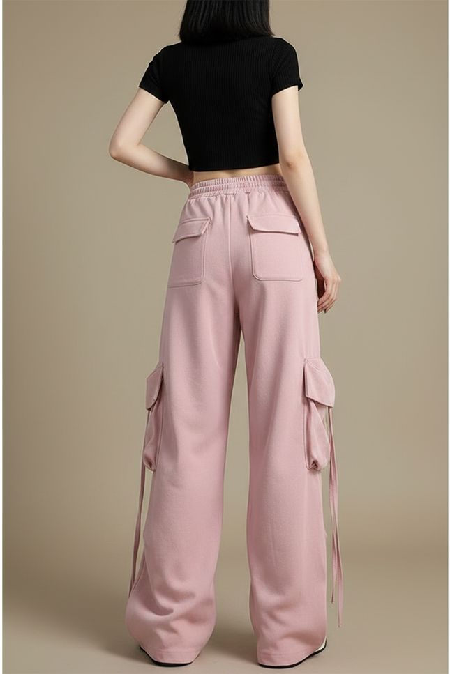 Pantalon Parachute Rose Ample Cargo Cordon Femme - Molleton - vue 2