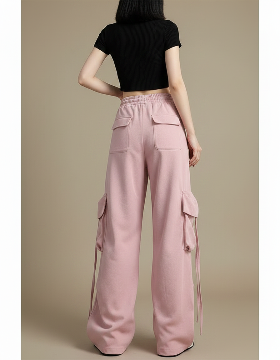 Pantalon Parachute Rose Ample Cargo Cordon Femme - Molleton - vue 2