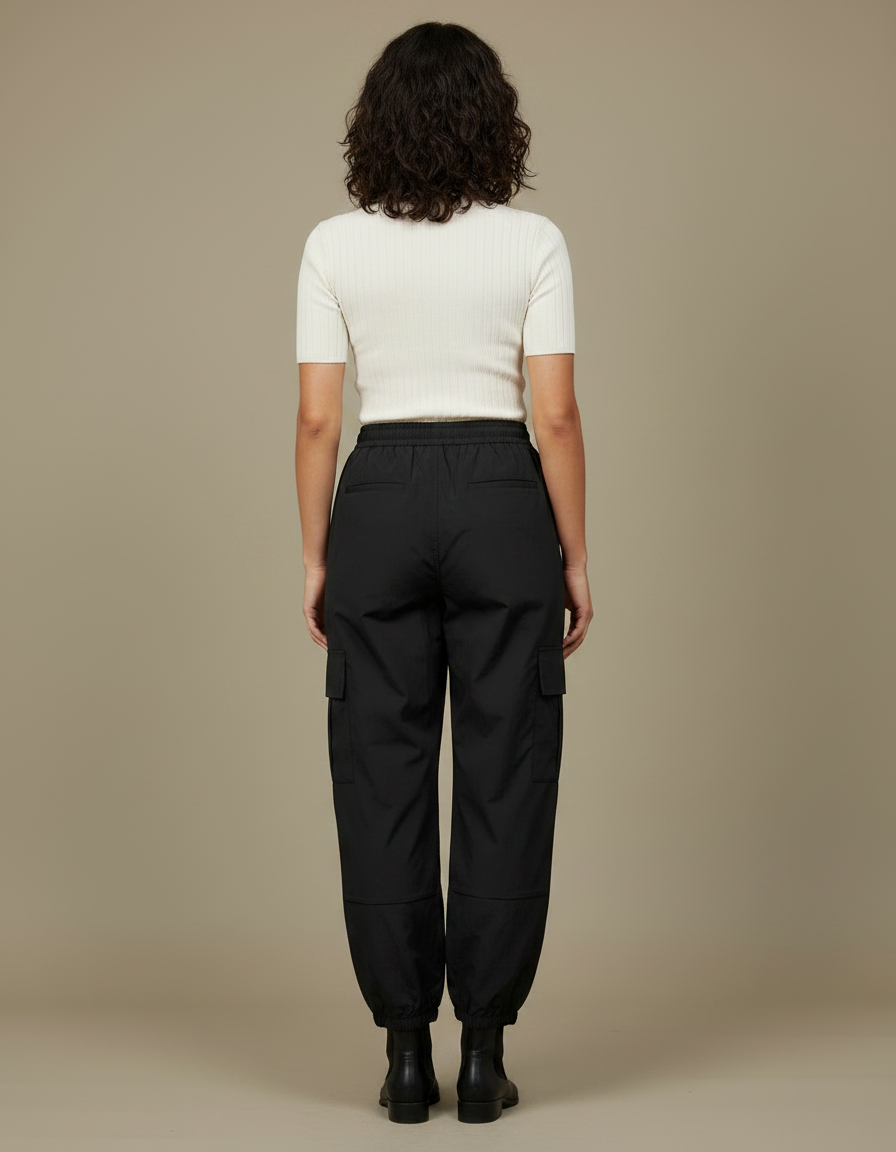 Pantalon Parachute Femme Noir Cargo Nylon Streetwear - Polyester - vue 2