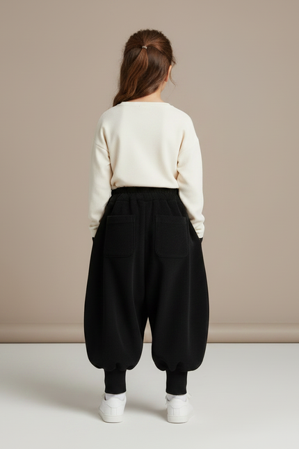 Pantalon Parachute Noir Ample Côtelé Enfant Hiver - Cordé - vue 2