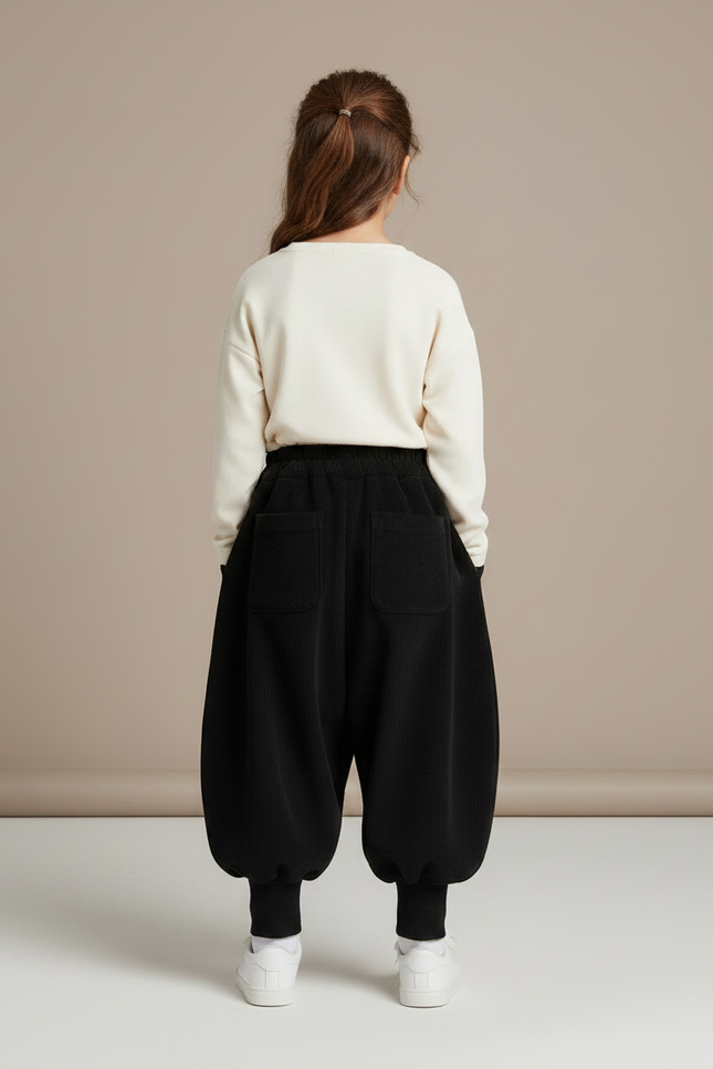 Pantalon Parachute Noir Ample Côtelé Enfant Hiver - Cordé - vue 2