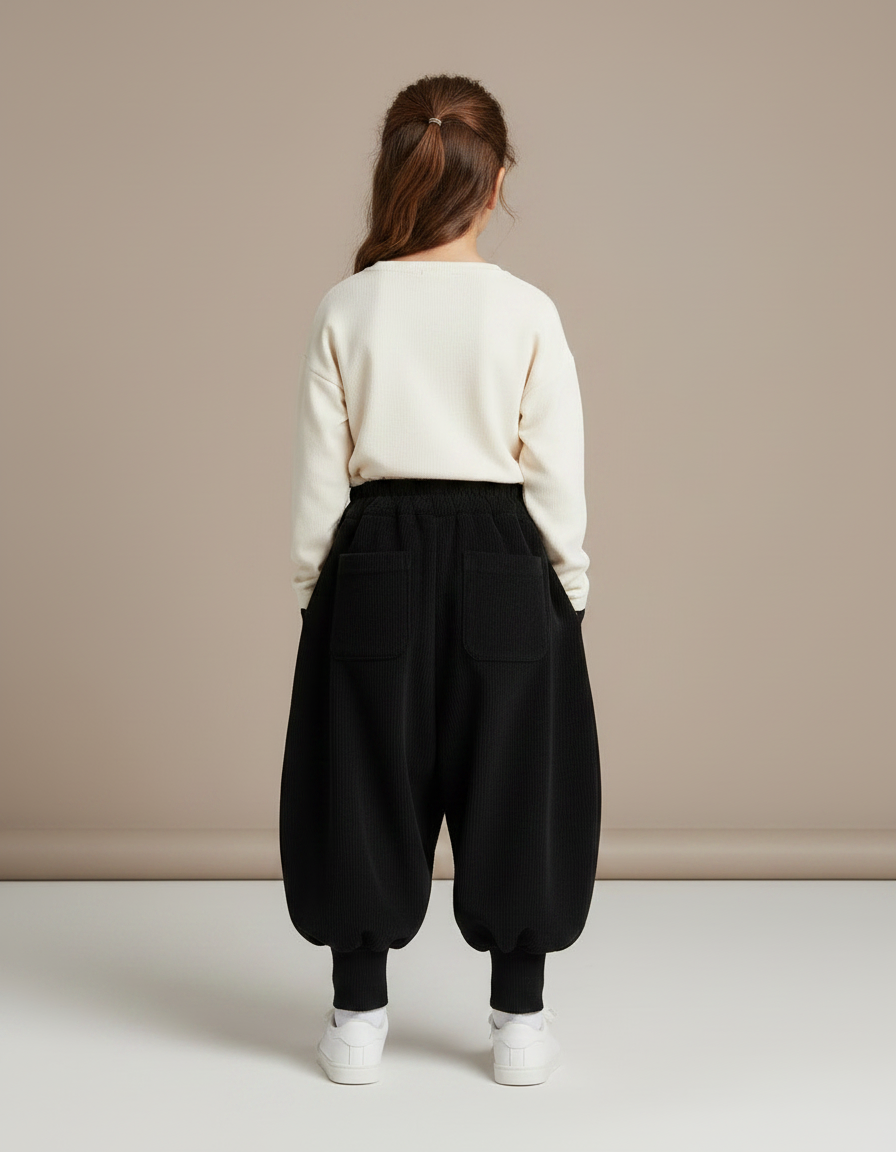 Pantalon Parachute Noir Ample Côtelé Enfant Hiver - Cordé - vue 2
