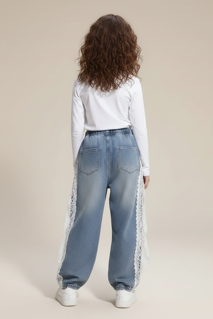 Pantalon Parachute Denim Bleu Ample Dentelle Fille - Jean - vue 2