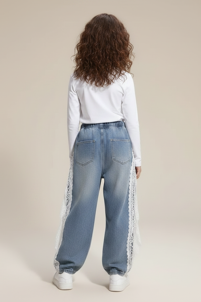 Pantalon Parachute Denim Bleu Ample Dentelle Fille - Jean - vue 2