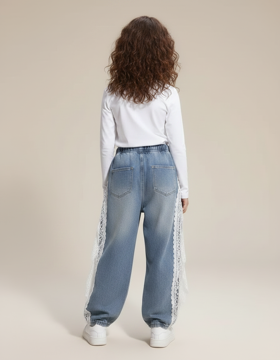 Pantalon Parachute Denim Bleu Ample Dentelle Fille - Jean - vue 2