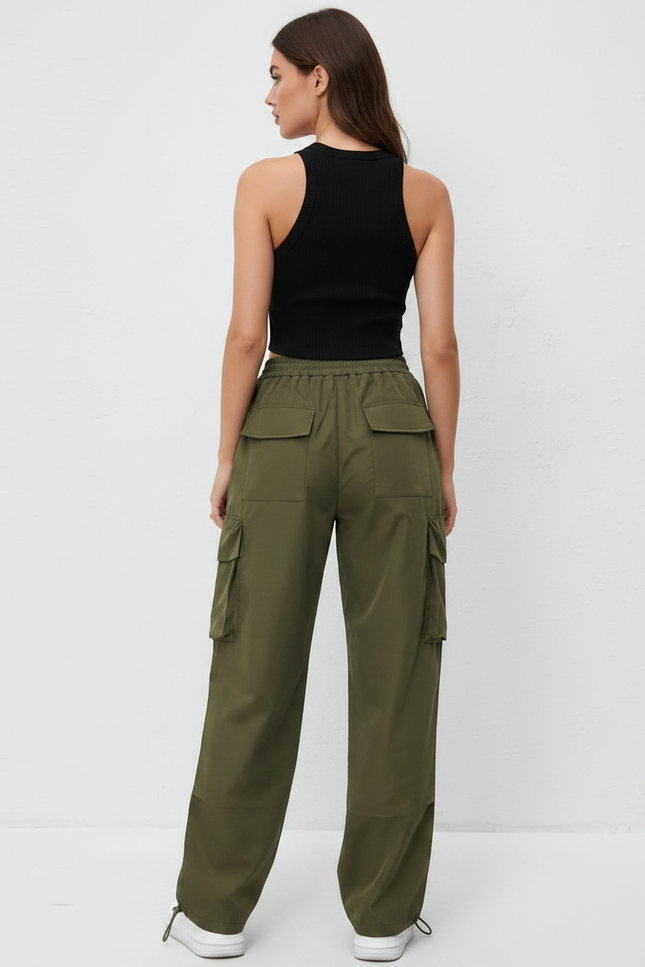 Pantalon Parachute Kaki Ample Cargo Taille Élastique - Polyester - vue 2