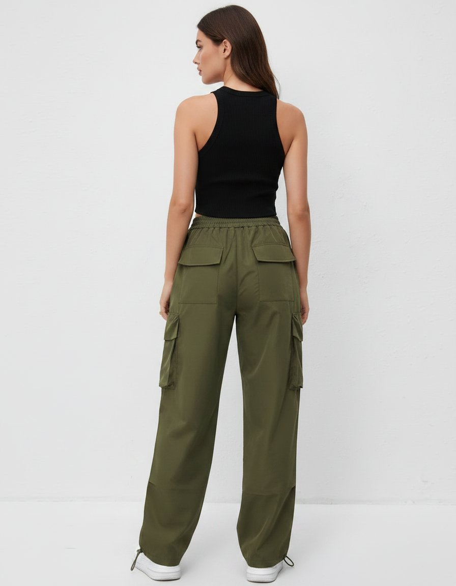 Pantalon Parachute Kaki Ample Cargo Taille Élastique - Polyester - vue 2
