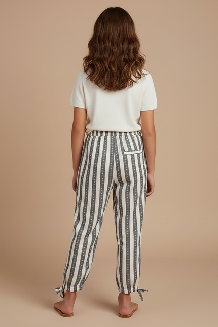 Pantalon Parachute Rayé Beige Gris Cordon Ample - Imprimé Coton - vue 2