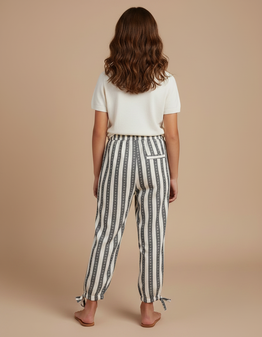 Pantalon Parachute Rayé Beige Gris Cordon Ample - Imprimé Coton - vue 2