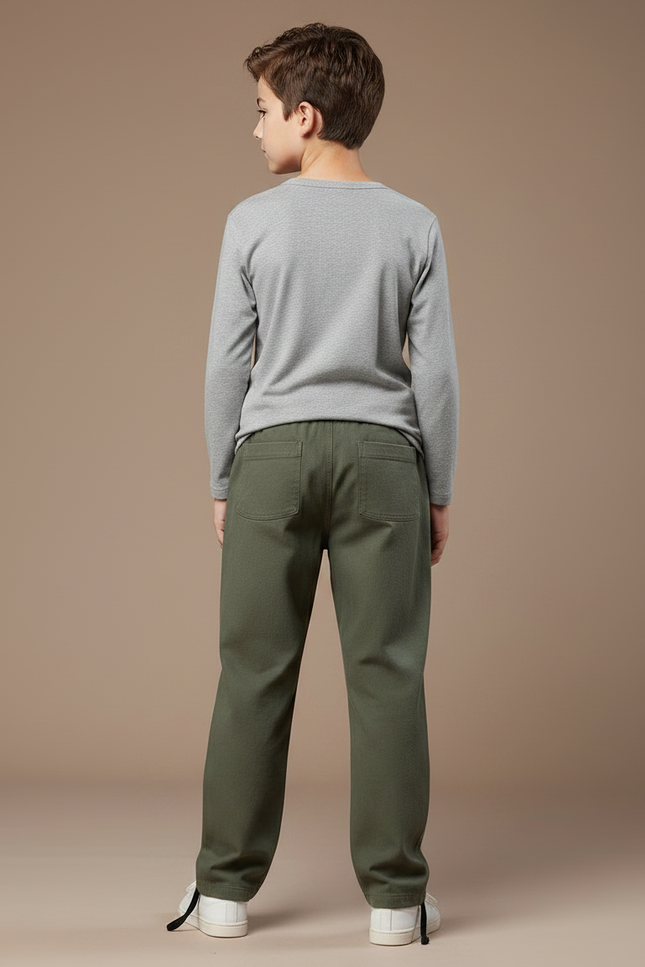 Pantalon Parachute Vert Ample Coton Casual Enfant - Kaki Molleton - vue 2