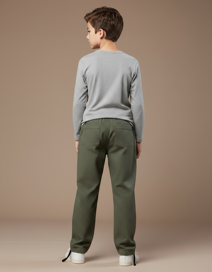Pantalon Parachute Vert Ample Coton Casual Enfant - Kaki Molleton - vue 2