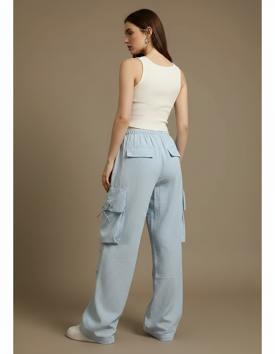 Pantalon Parachute Bleu Clair Cargo Ample Décontracté - Coton - vue 2
