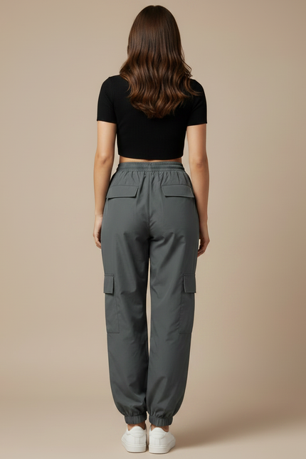 Pantalon Parachute Gris Ample Décontracté Poches - Polyester - vue 2