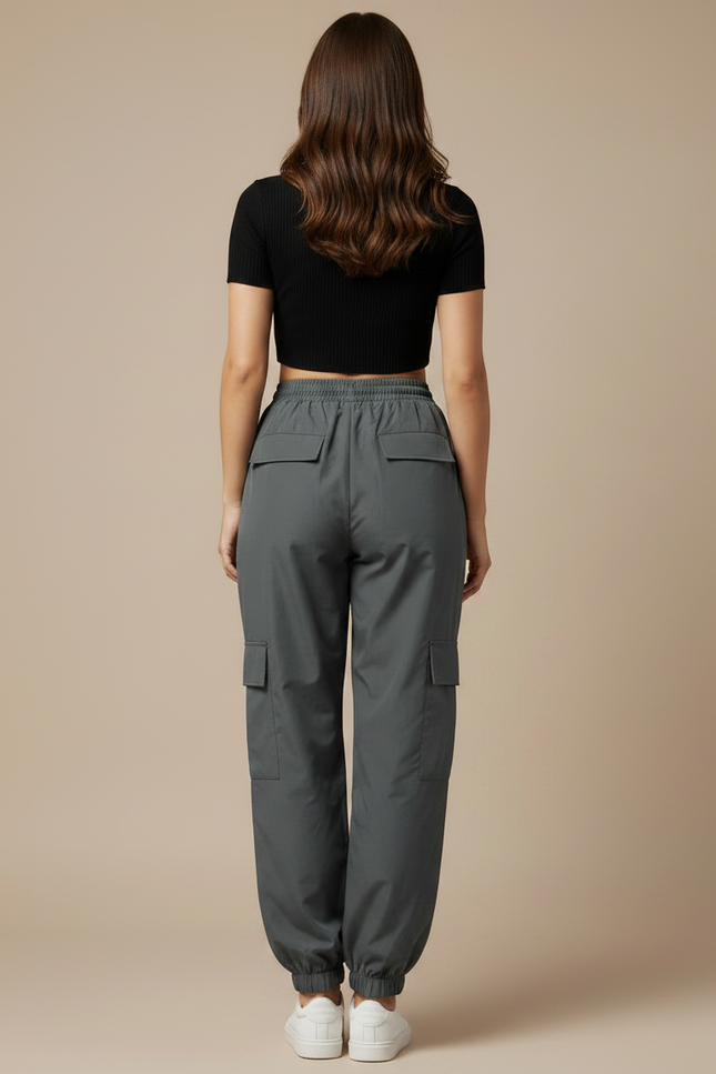 Pantalon Parachute Gris Ample Décontracté Poches - Polyester - vue 2