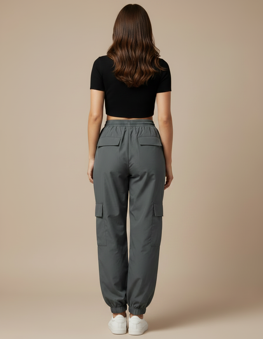Pantalon Parachute Gris Ample Décontracté Poches - Polyester - vue 2