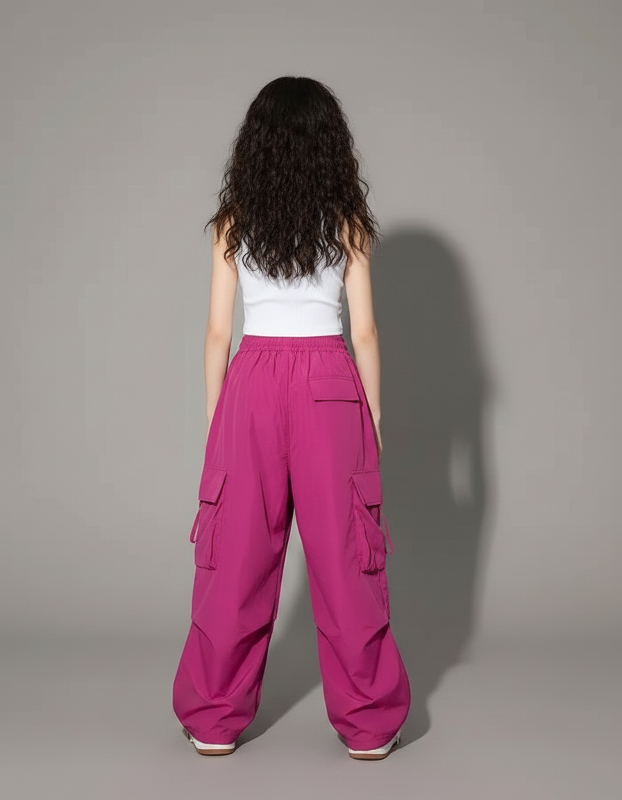 Pantalon Parachute Fuschia Ample Cargo Enfant Fille - Rose Polyester - vue 2