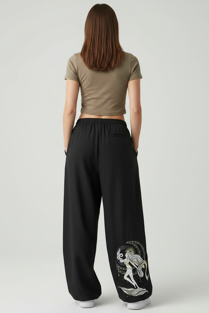 Pantalon Parachute Noir Ample Imprimé Mythique Cordon Femme - Polyester - vue 2