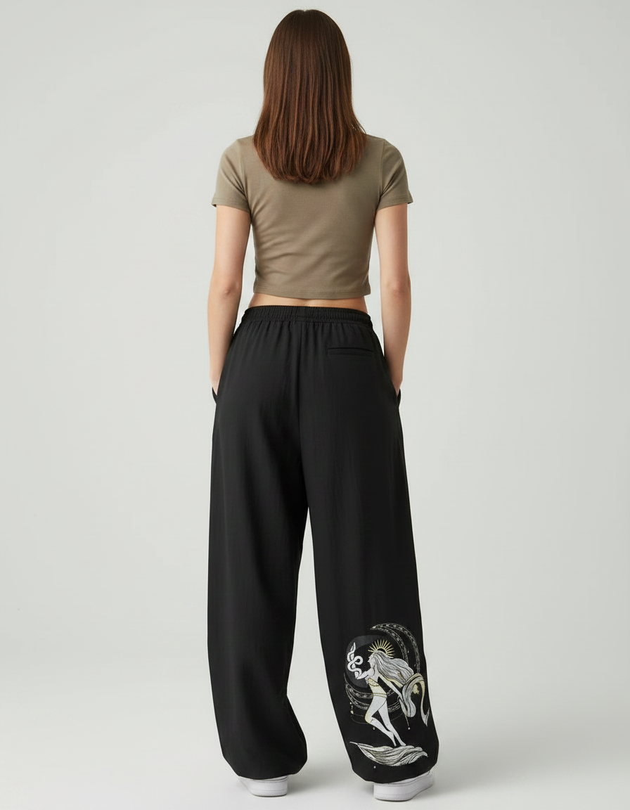 Pantalon Parachute Noir Ample Imprimé Mythique Cordon Femme - Polyester - vue 2