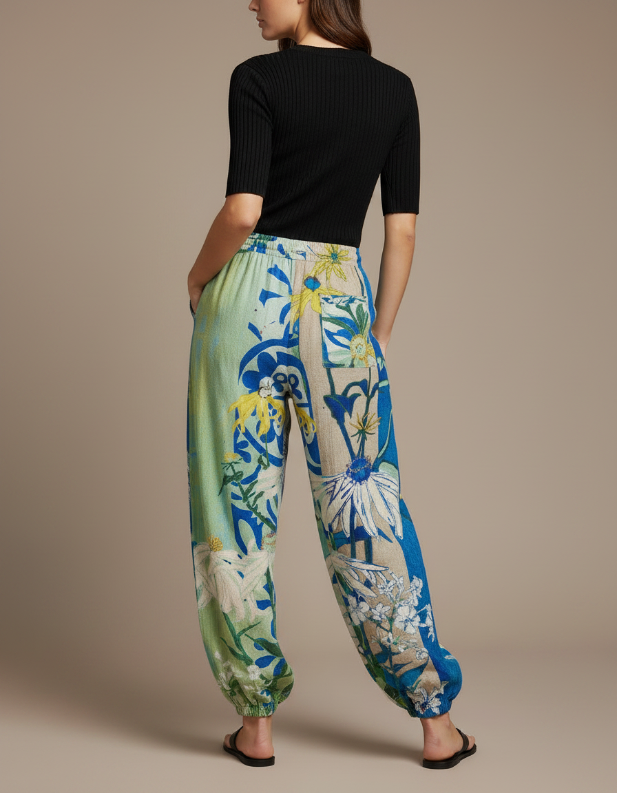 Pantalon Parachute Fluide Imprimé Floral Ample Décontracté Estival - Lin - vue 2
