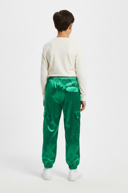 Pantalon Parachute Vert Satiné Cargo Ample Enfant - vue 2