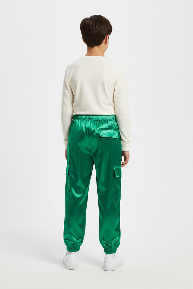 Pantalon Parachute Vert Satiné Cargo Ample Enfant - vue 2