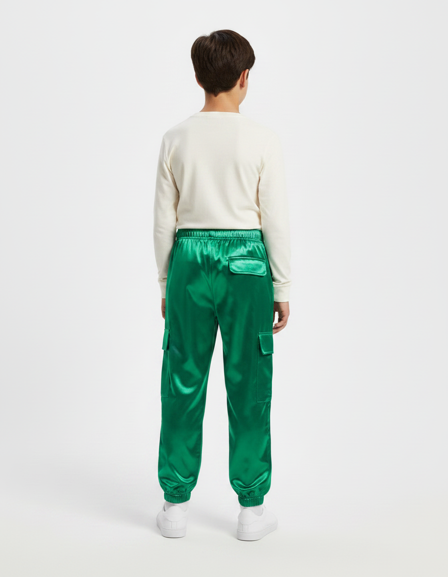 Pantalon Parachute Vert Satiné Cargo Ample Enfant - vue 2