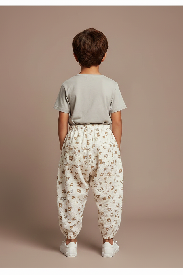 Pantalon Parachute Crème Ample Motif Ours Coton Enfant - Beige - vue 2