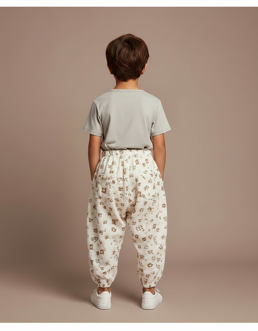 Pantalon Parachute Crème Ample Motif Ours Coton Enfant - Beige - vue 2