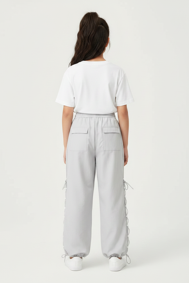 Pantalon Parachute Gris Ample Lacets Streetwear Décontracté - Polyester - vue 2