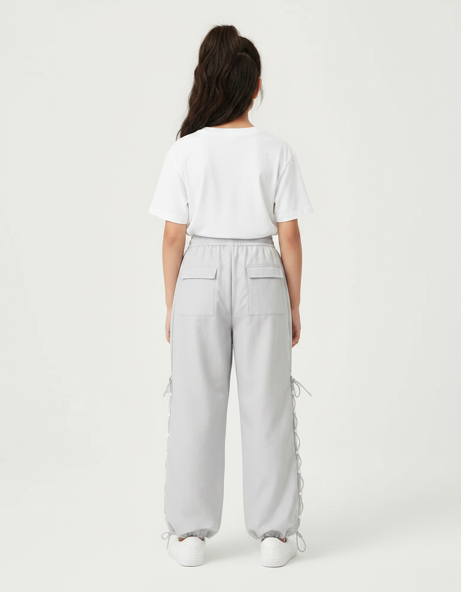 Pantalon Parachute Gris Ample Lacets Streetwear Décontracté - Polyester - vue 2