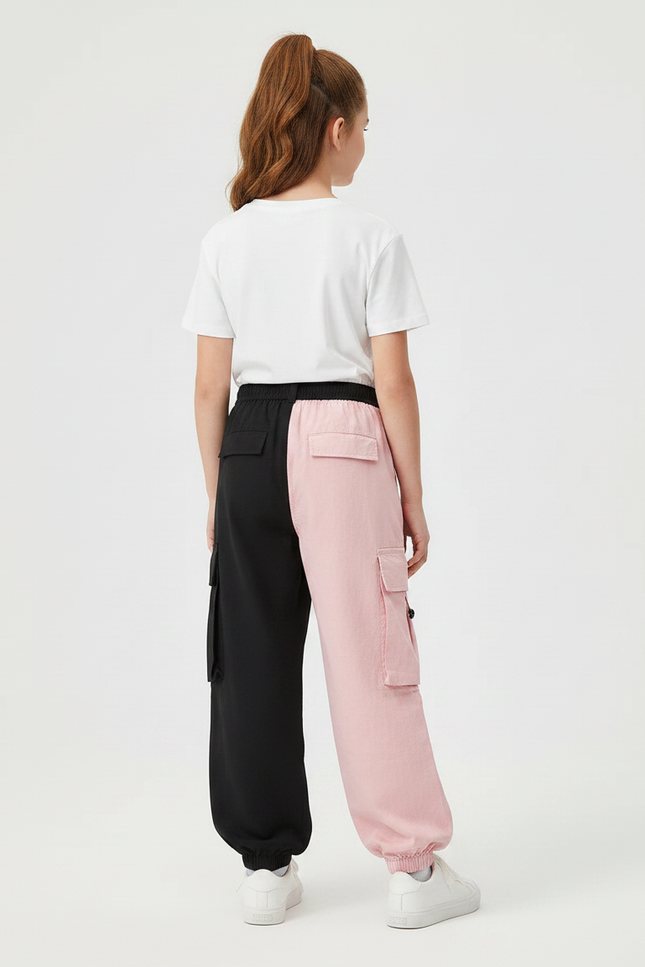 Pantalon Parachute Bicolore Noir Rose Cargo Ample - Multicolore Toile - vue 2