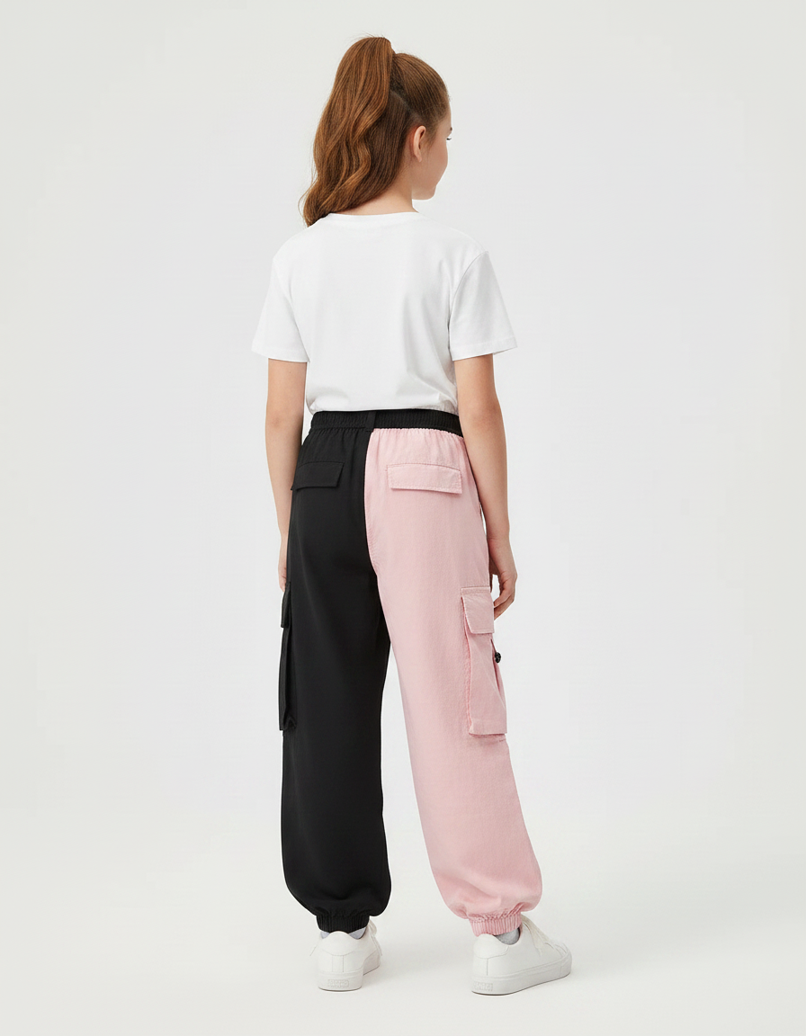 Pantalon Parachute Bicolore Noir Rose Cargo Ample - Multicolore Toile - vue 2