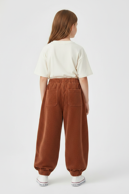 Pantalon Parachute Côtelé Marron Ample Enfant Décontracté - Cordé - vue 2