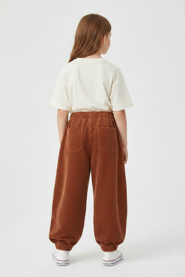 Pantalon Parachute Côtelé Marron Ample Enfant Décontracté - Cordé - vue 2