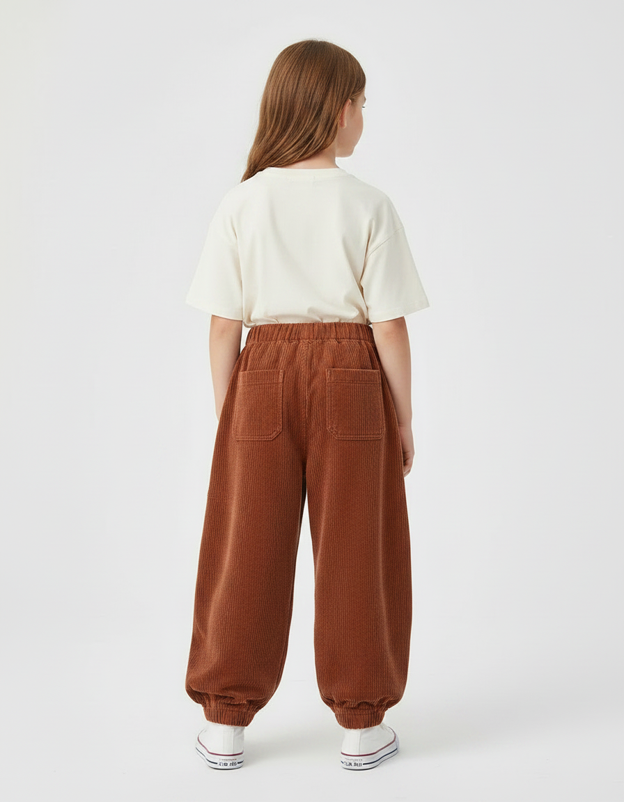 Pantalon Parachute Côtelé Marron Ample Enfant Décontracté - Cordé - vue 2