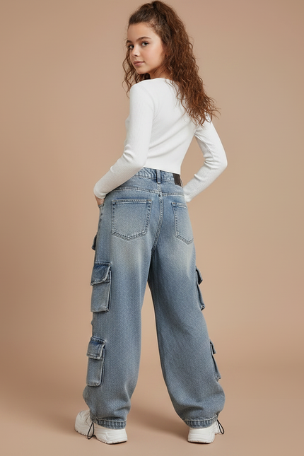 Pantalon Parachute Jean Ample Multi-Poches Fille Décontracté - Bleu - vue 2