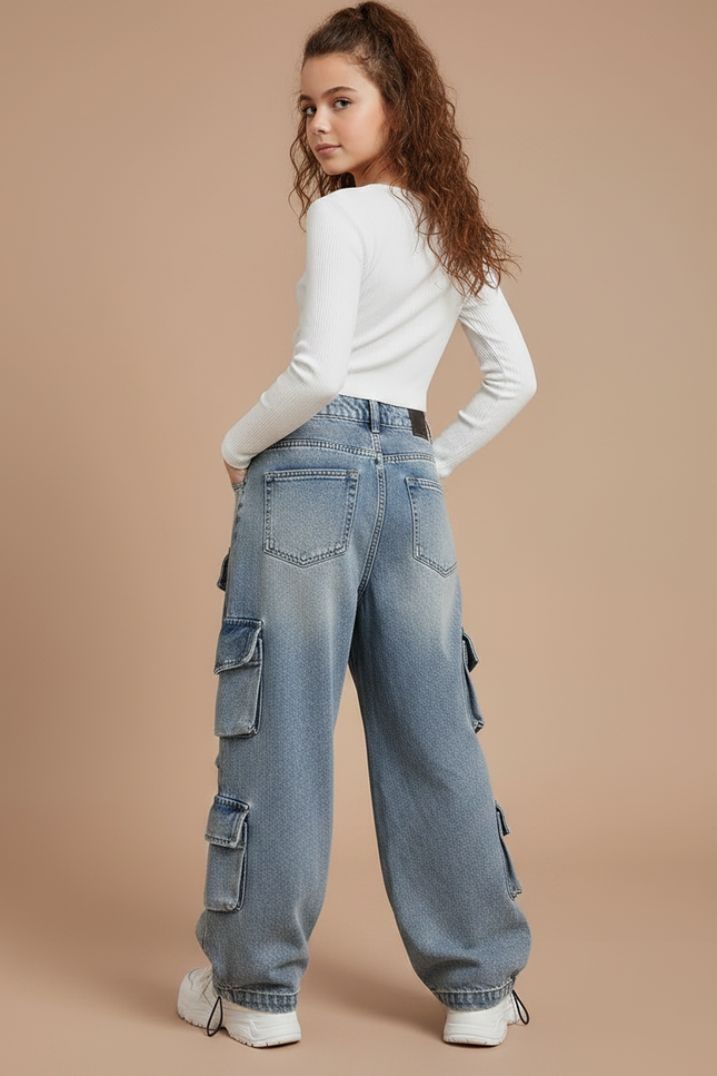 Pantalon Parachute Jean Ample Multi-Poches Fille Décontracté - Bleu - vue 2