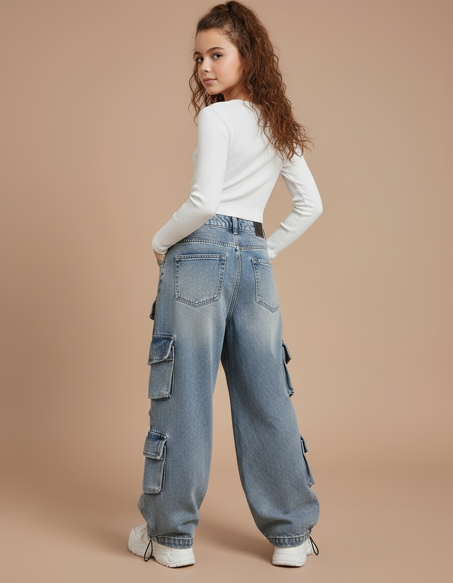 Pantalon Parachute Jean Ample Multi-Poches Fille Décontracté - Bleu - vue 2