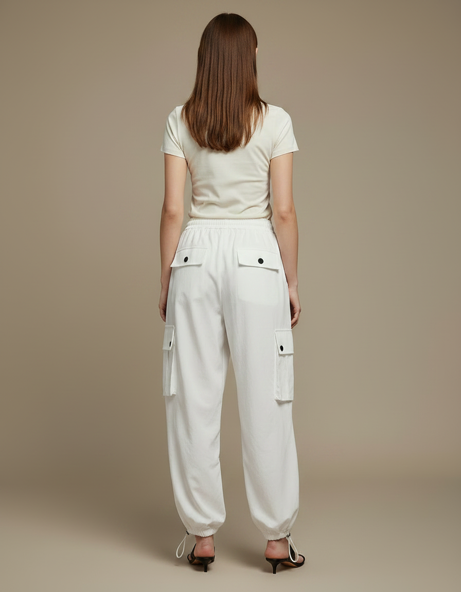 Pantalon Parachute Blanc Cargo Taille Haute Femme - Polyester - vue 2