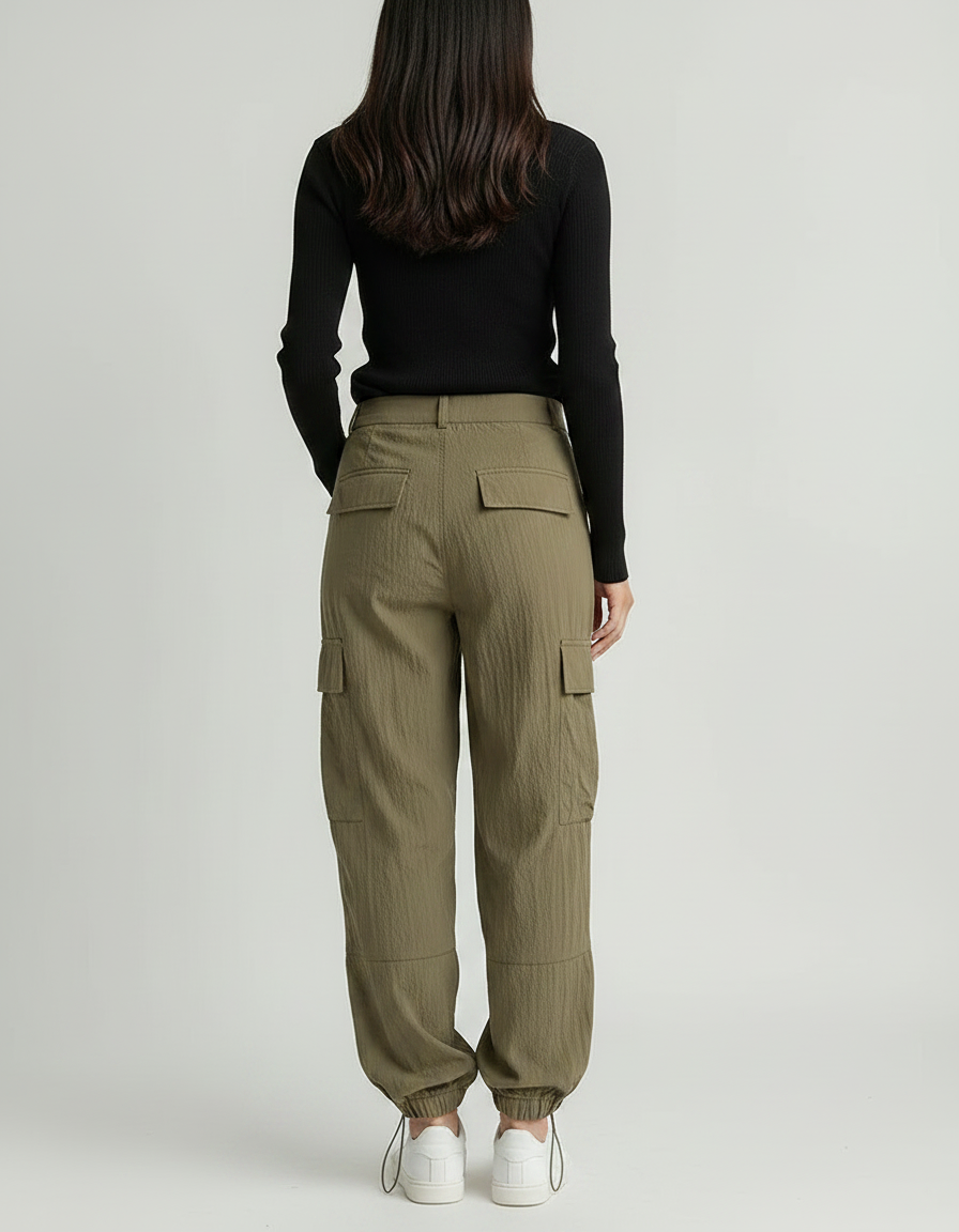 Pantalon Parachute Kaki Ample Cargo Côtelé Femme - Polyester - vue 2