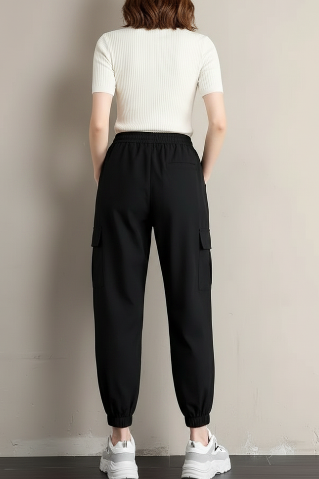Pantalon Parachute Noir Cargo Cordon Femme Sport - Polyester - vue 2