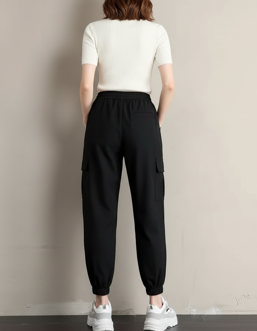 Pantalon Parachute Noir Cargo Cordon Femme Sport - Polyester - vue 2