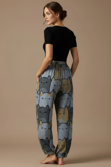 Pantalon Parachute Chats Ample Décontracté Poches Femme - Imprimé Viscose - vue 2