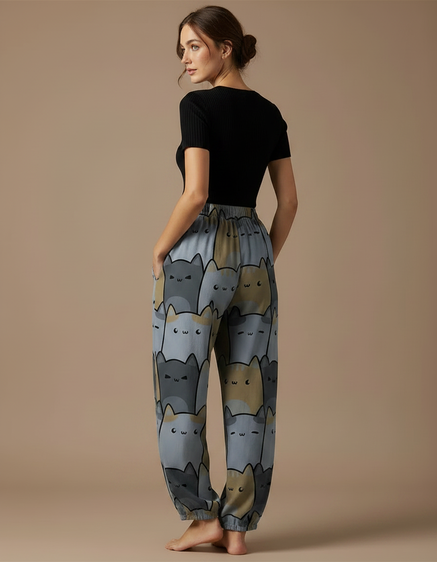 Pantalon Parachute Chats Ample Décontracté Poches Femme - Imprimé Viscose - vue 2