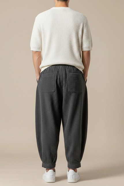 Pantalon Parachute Côtelé Gris Ample Homme Décontracté - Cordé - vue 2