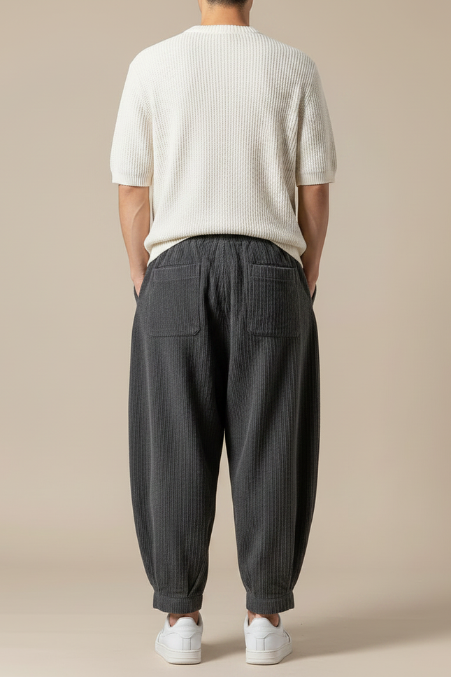 Pantalon Parachute Côtelé Gris Ample Homme Décontracté - Cordé - vue 2