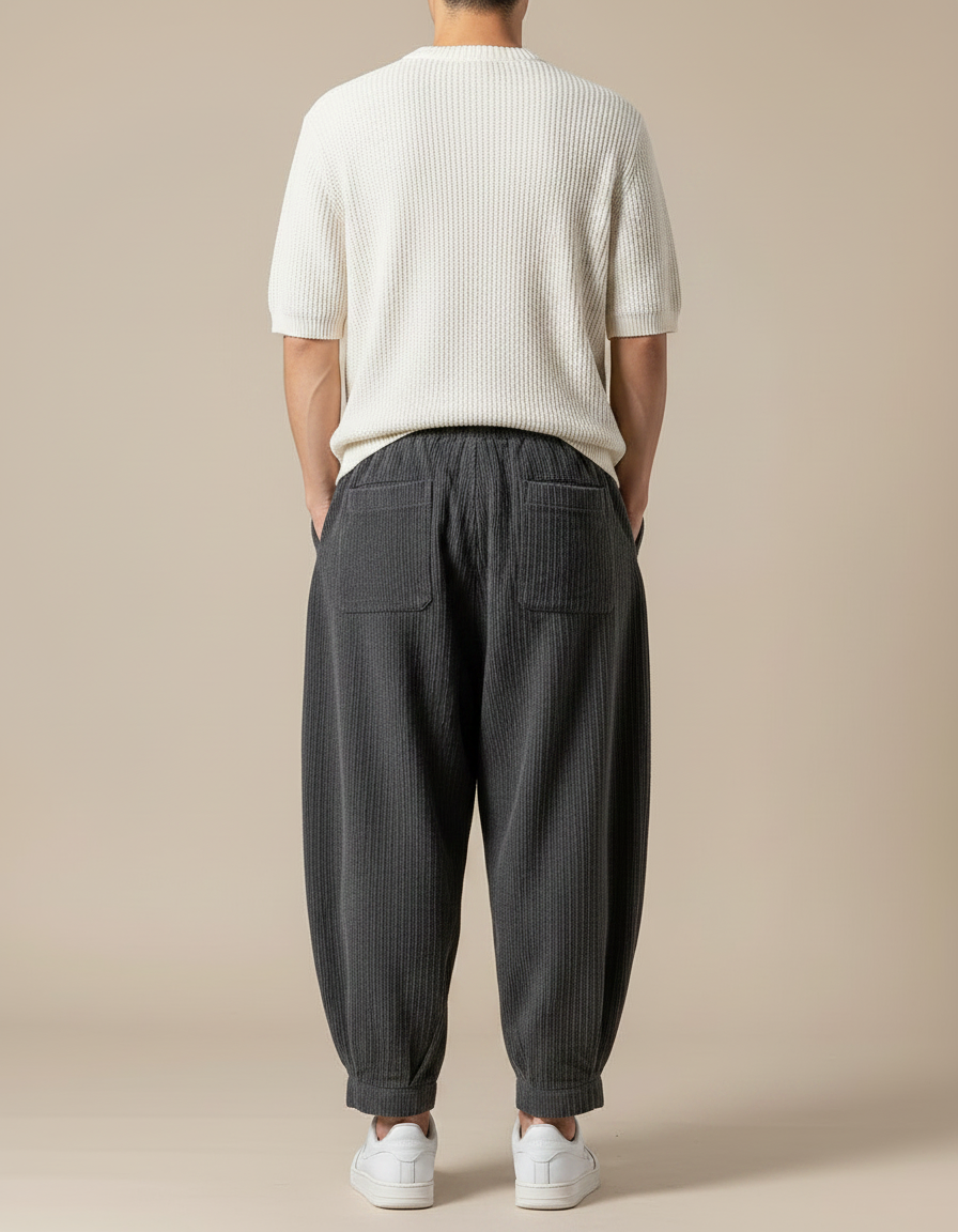 Pantalon Parachute Côtelé Gris Ample Homme Décontracté - Cordé - vue 2