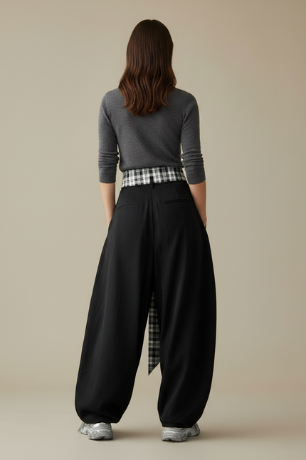 Pantalon Parachute Noir Ample Plaid Décontracté Femme - Viscose - vue 2