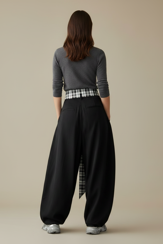 Pantalon Parachute Noir Ample Plaid Décontracté Femme - Viscose - vue 2