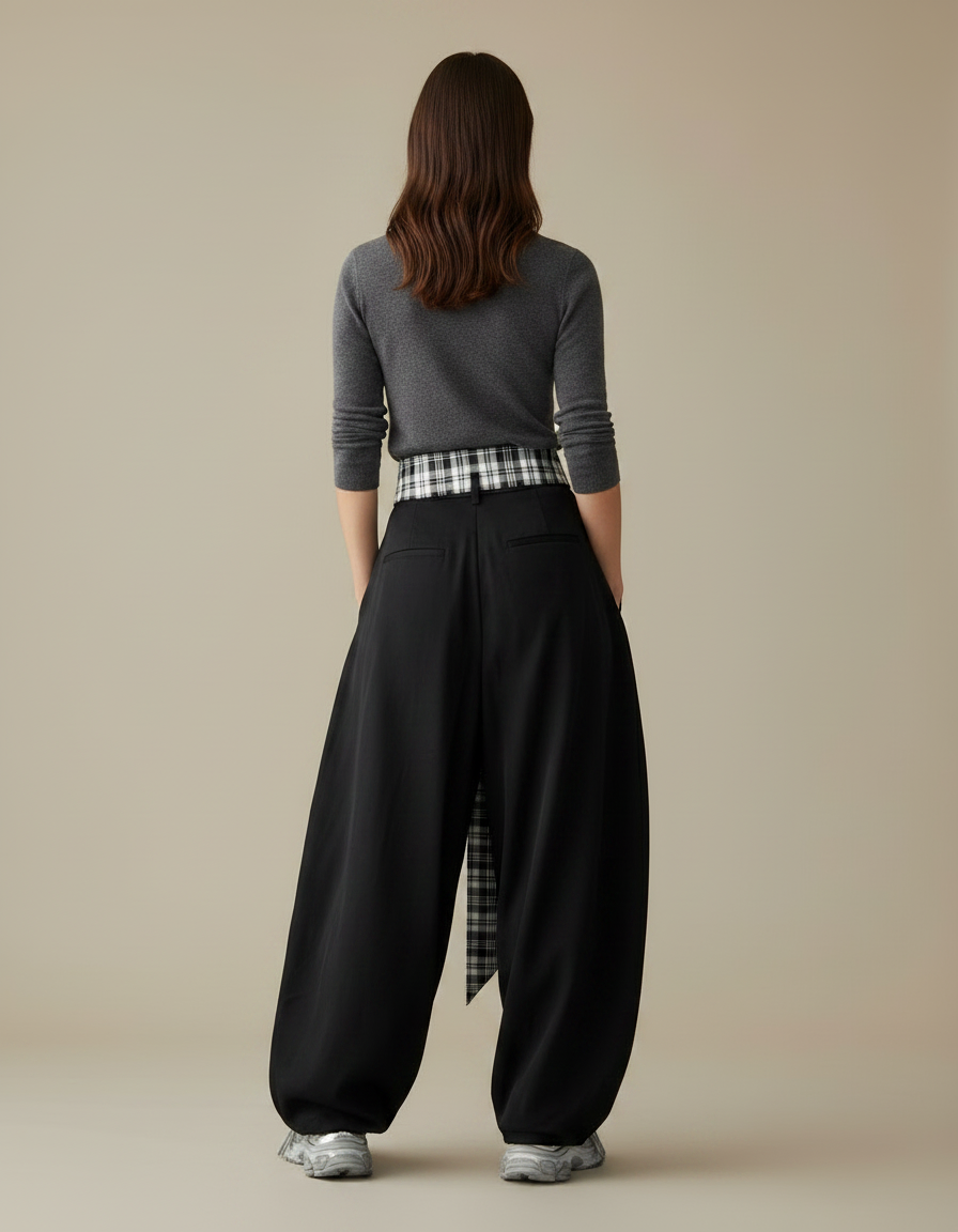 Pantalon Parachute Noir Ample Plaid Décontracté Femme - Viscose - vue 2